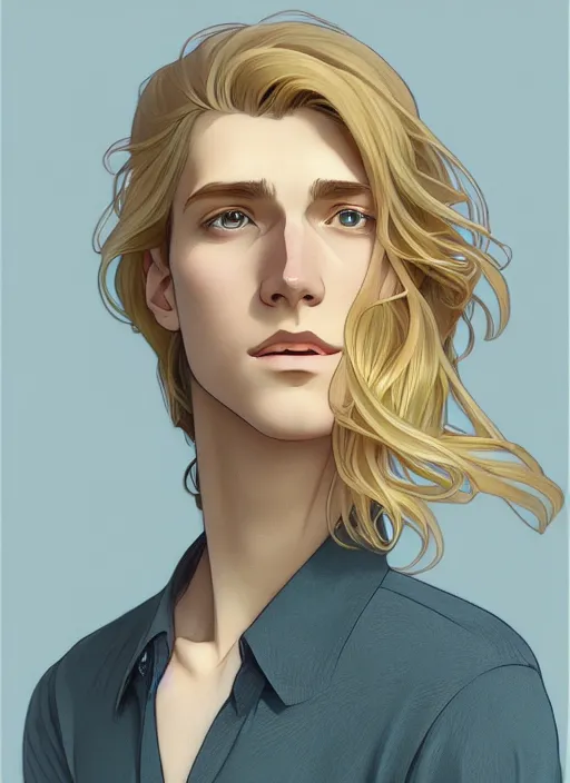 Image similar to pretty young man with shoulder length shiny shimmering golden blond hair, path traced, highly detailed, high quality, digital painting, by studio ghibli and alphonse mucha, leesha hannigan, makoto shinkai, disney