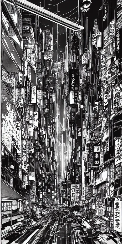 Image similar to beautiful and detailed anime drawing of an AKIRA-like cyberpunk city landscape with light trail from a motorcycle at the bottom and a bridge silhouette at the top, japan at night, 1980s, by Katsuhiro Otomo and mamoru oshii, wide angle, worm\'s eye view, grand, clean