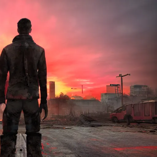 Image similar to stalker standing in front of a post apocalyptic city with burning red sky