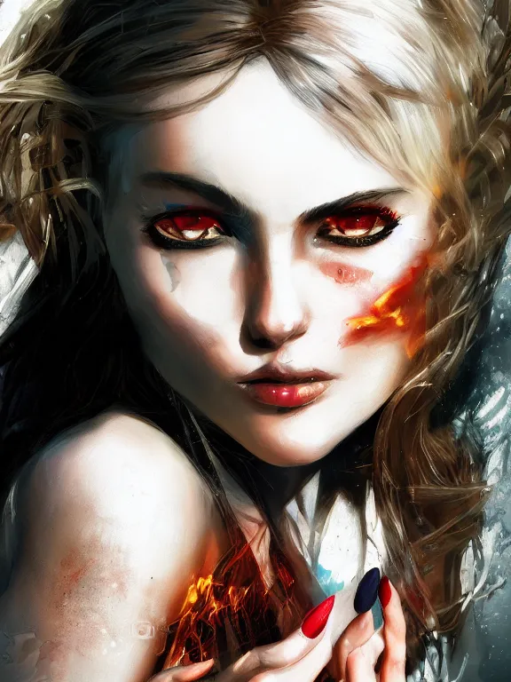 Image similar to digital illustration of a girl with eyes that burn like cigarettes wearing a short skirt and a long jacket with fingernails that shine like justice, dramatic lighting, photorealistic, full body shot, full body portrait, extreme detail, 4 k, colorful, artgerm and craig mullins, detailed face