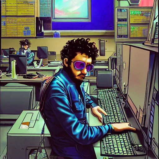 Prompt: a beautiful cyberpunk painting of a curly-haired persian guy wearing round glasses in a bright computer lab by Masamune Shirow