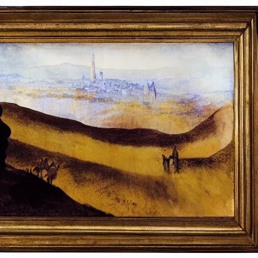 Prompt: concept art, long shot cloaked figures on a mountain, painting styles by Turner and Degas and Magritte and, painted on tarpaper with gold and silver pen and ink and palette knife, 8k, highly detailed _W 1024