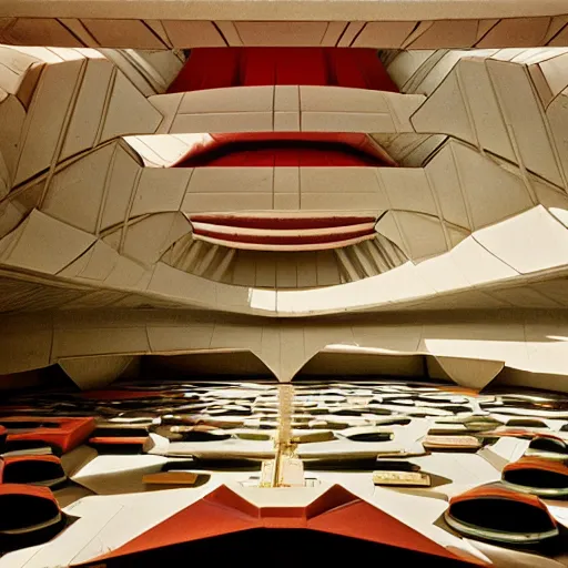 Prompt: interior of a futuristic lotus temple space station with gold, red and white marble panels, by buckminster fuller and syd mead, intricate contemporary architecture, photo journalism, photography, cinematic, national geographic photoshoot