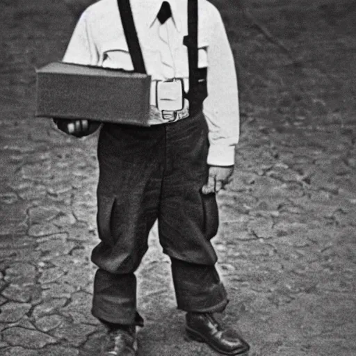 Prompt: full length photo of a child adolf hitler standing carrying school books, hitler moustache, digital art, full color