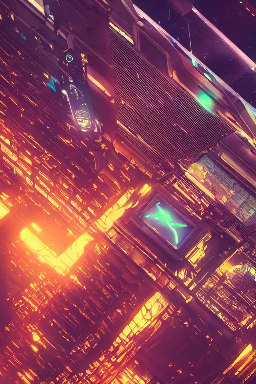 Prompt: cyberpunk buildings with a flight vehicle glowing in the sky, neon sign, bottom view, bladerunner, digital illustration, artstation, cinematic composition