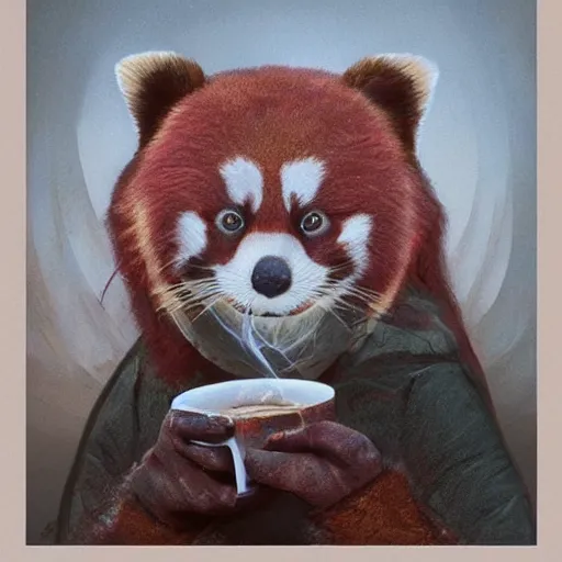 Image similar to anthropomorphic red panda drinking coffee in a cafe, highly detailed, digital painting, artstation, concept art, smooth, sharp focus, illustration, art by artgerm and greg rutkowski and alphonse mucha