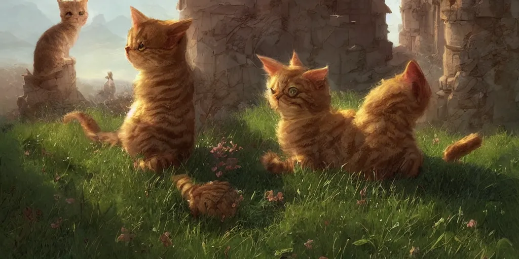 Prompt: a bunch of cute cat, clear skies, marc simonetti and caspar david friedrich, trending on artstation