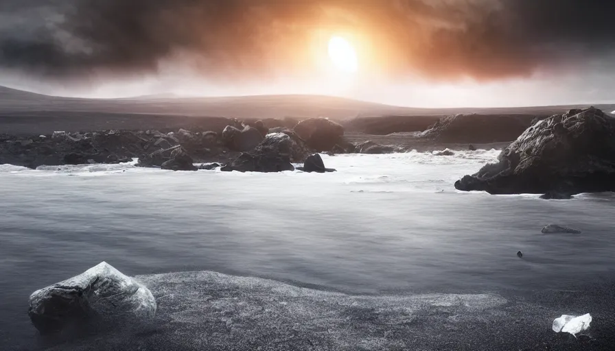 Image similar to solar eclipse in iceland, black sand, dramatic clouds, jessica rossier, art station