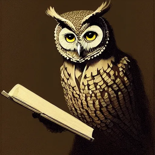 Image similar to a wise owl reviewing texts in a computer, art by greg rutkowski, intricate, elegant, highly detailed, smooth, sharp focus, artstation