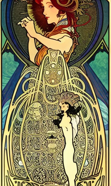 Prompt: castles on the moon, alphonse mucha, charles gesmar, aubrey beardsley, erte, winold reiss, philippe druillet