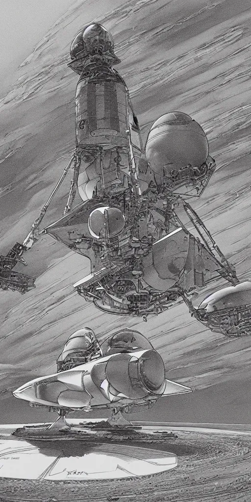Prompt: super detailed back view of space x ship landing on a windy volumetric mars floor michael kaluta, charles vess and jean moebius giraud