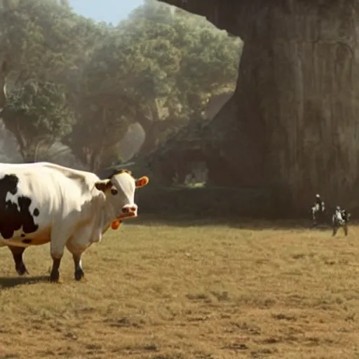 Prompt: a cow interrupts star wars episode 4, movie still, highly detailed,