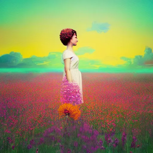 Prompt: woman with a flower face standing in flower field, surreal photography, photo manipulation, sunrise, impressionism, colorful clouds, artstation, simon stalenhag