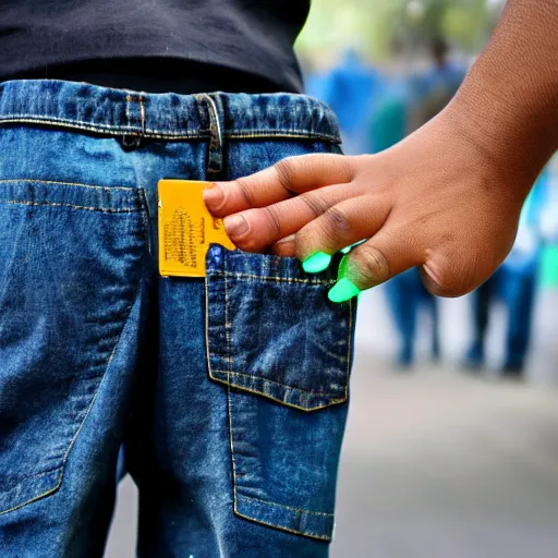 Prompt: a magical glowing pocket in the pants of a street child