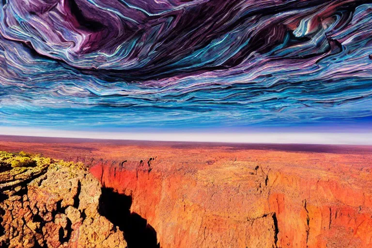 Image similar to photo from the edge of a huge canyon on an alien world, bizarre and beautiful geographical features, stunning iridescent clouds, ferrofluid oceans, professional nature photography