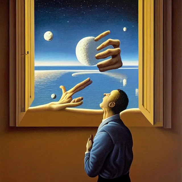 Prompt: an oil on canvas portrait of a man waking up and the moon is shining in through the window, surrealism, surrealist, lovecraftian, cosmic horror, rob gonsalves, high detail