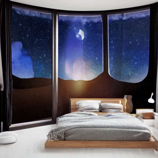 Prompt: Cozy bedroom aboard a flying ship window looks on moonlit clouds and stars, soft bed blankets log cabin walls hyperrealism