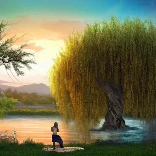 Prompt: featured on artstation majestic willow tree overlooking swirling river at sunset, beautiful image stylized digital art