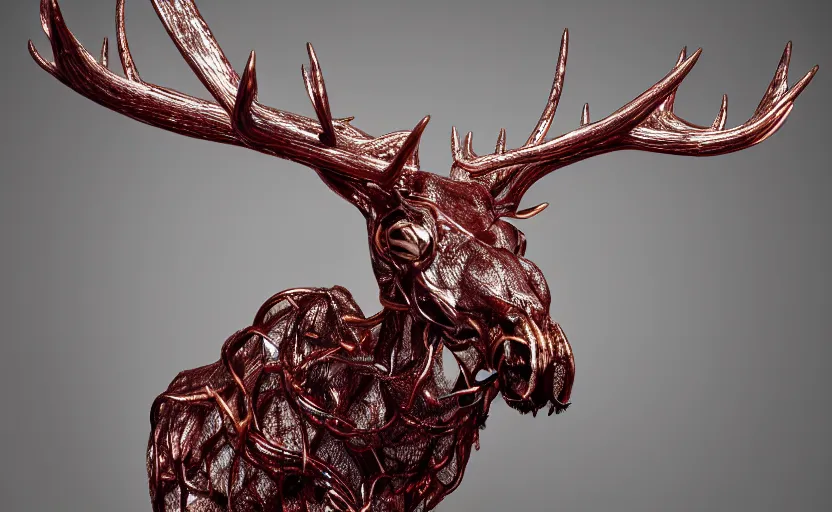 Image similar to stylized shiny polished silver statue full body bizarre cosmic horror quadruped animal moose deer skull four legs made of slug creature tendrils, perfect symmetrical body, perfect symmetrical face, hyper realistic, hyper detailed, by johannen voss, by michelangelo, octane render, blender, 8 k, displayed in pure white studio room anatomical deep red arteries veins flesh