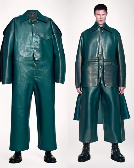 Image similar to an award - winning editorial photo of a teal extremely baggy but cropped ancient medieval designer menswear leather jacket with an oversized large collar and baggy bootcut trousers designed by alexander mcqueen, 4 k, studio lighting, wide angle lens