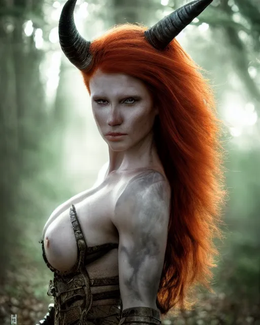 Image similar to 5 5 mm portrait photo of an armored redhead woman warrior, and horns growing from her head, in a magical forest. by luis royo. highly detailed 8 k. intricate. lifelike. soft light. nikon d 8 5 0. cinematic post - processing