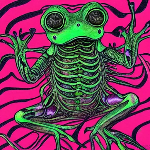 Image similar to closeup of an adorable, eldritch frog abomination of unimaginable horror by h. r. giger and junji ito, speculative evolution, psychedelic illustration, op art with big bold patterns