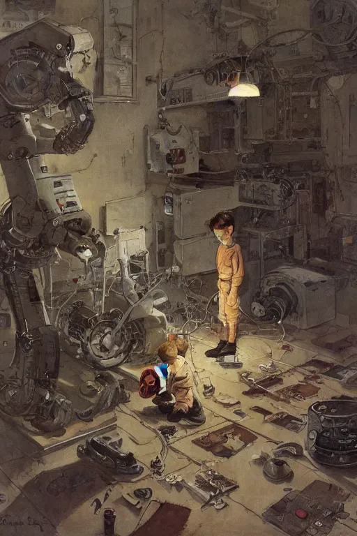 Prompt: a boy fixing his robot, (((part by Norman Rockwell))), part by Greg Rutkowski , part by Mattias Adolfsson, high angle, oil on canvas