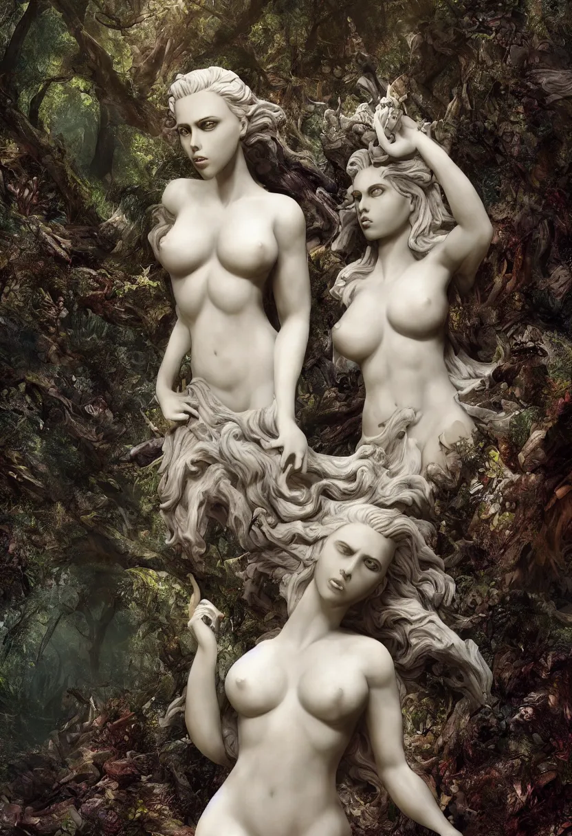 Image similar to scarlett johansson succubus marble statue in the middle of a dark forest, hq artwork, coherent, insane detail, concept art, character concept, cinematic lighting, global illumination radiating a glowing aura