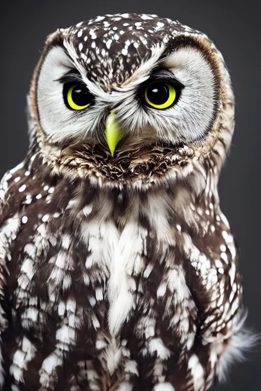 Prompt: cute little owl wearing black biker jacket, portrait photo, backlit, studio photo, dark plasma background