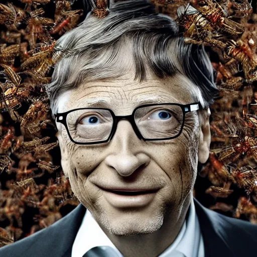 Image similar to a photo of Bill Gates with insects running all over his face, Bill Gates is in love with them