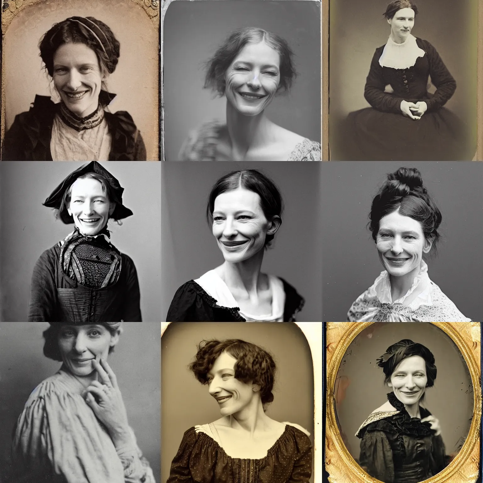 Prompt: mid 1 9 th century, thirtysomethins years old, mischievous!!, smiling cate blanchett with termed kyphosis as an austro - hungarian woman ( with wart, messy bun, brown hair, ( ( big, black bonett ) ) ), daguerreotype by emil rabending