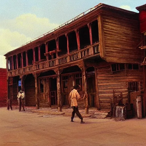 Prompt: from a movie scene, painting of a western saloon exterior in old town, beksinski, cinematic wide shot