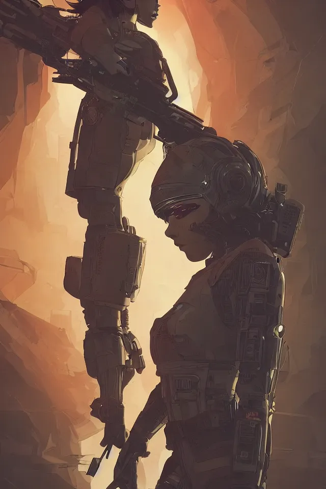 Prompt: very detailed, prophet graphic novel, ilya kuvshinov, rutkowski, simon roy, illustration of a cyberpunk military woman, colorful, deep shadows, astrophotography