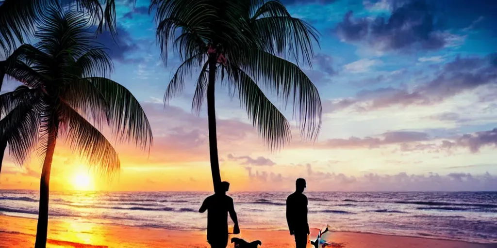 Image similar to a man with his dog in a beach with palm trees in a cloudy sunset, cinematic, hyper realistic, intricate details, anime style