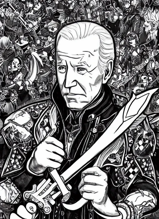 Image similar to joe biden as a kingdom hearts keyblade villain, official square enix hand painted line art, intricate design, high definition, delicate patterned, fantasy, fashionable rpg clothing