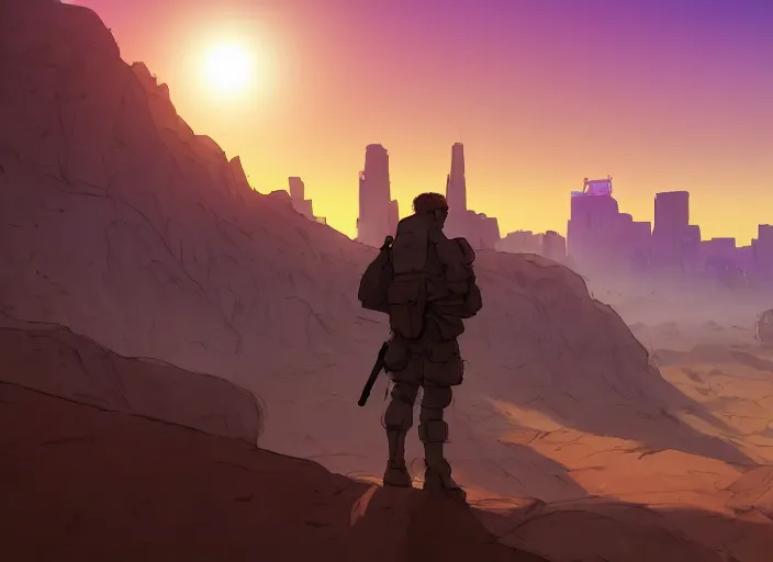 Image similar to cel shading background, science fiction pc game point - and - click adventure, studio ghibli, soldier roaming through desert with city in the skyline, two suns, purple orange colors, sharp focus, illustration, highly detailed, digital painting, concept art, matte, art by wlop and artgerm and greg rutkowski, masterpiece