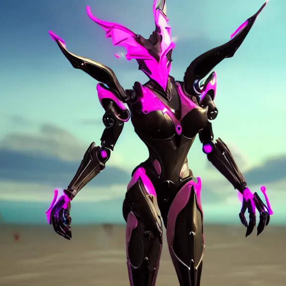 Image similar to cinematic close up full body shot of a beautiful stunning saryn prime warframe, that's a beautiful stunning anthropomorphic robot female dragon with metal cat ears, cute elegant pose, standing on teh beach at sunset, robot cat paws, thick warframe legs, detailed arms, sharp claws, slick pink armor, streamlined white armor, long elegant tail attached to her back end, two arms, two legs, detailed warframe fanart, destiny fanart, macro art, dragon art, furry art, realistic digital art, warframe art, Destiny art, furaffinity, DeviantArt, artstation, 3D realistic, 8k HD, octane render