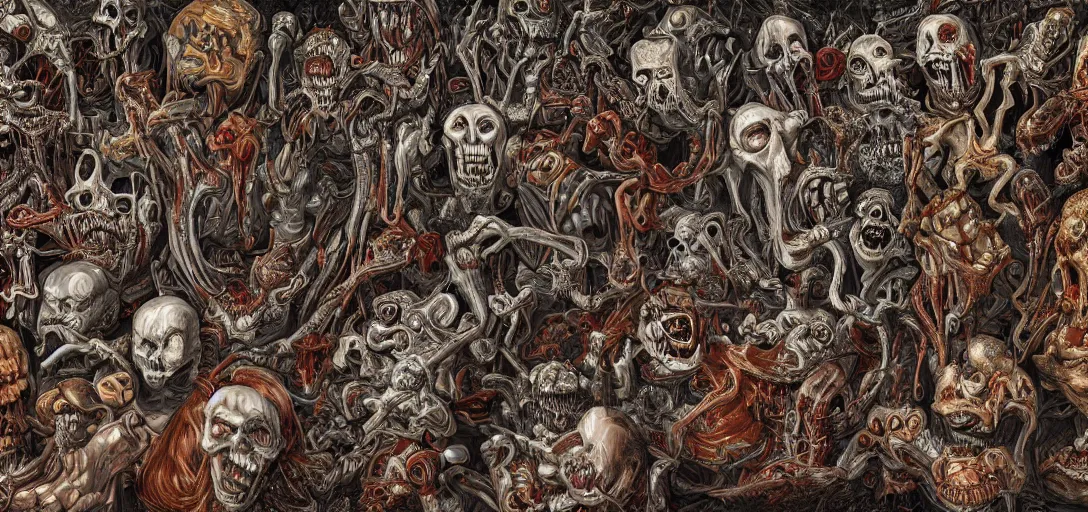 Prompt: frightening party of ghasts and gouls abomination, retro, anatomical, highly detailed, 4k, 8k, intricate and highly detailed digital art