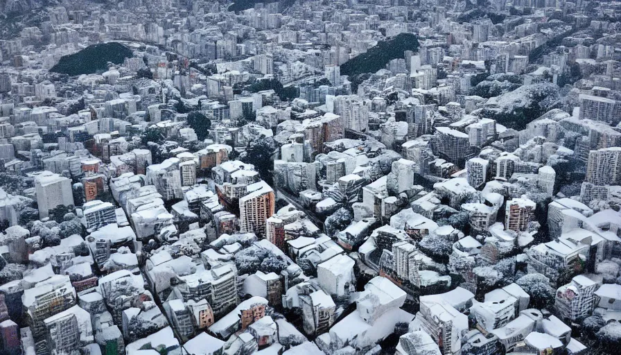 Image similar to the city of rio de janeiro covered in snow, winter photograph, snowing, wide shot, landscape, 4 k, award winning photograph, beautiful, trending on instagram