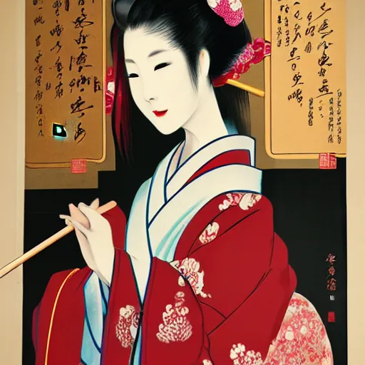 Prompt: character, light colors sophisticated geisha in a beautiful rich colored silk kimono, holding ornate hand fan with Chinese letters, matte paper curling japanese poster delicate delicious light octane rendering hyperrealism