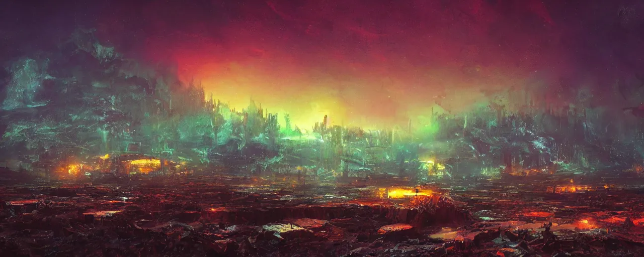 Image similar to ” otherwordly depressing landscape radioactive desolate wasteland at night, [ cinematic, detailed, epic, widescreen, opening, establishing, mattepainting, photorealistic, realistic textures, octane render, art by paul lehr ] ”