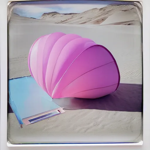 Image similar to a pastel colour high fidelity Polaroid art photo from a holiday album at a pink desert with abstract inflatable parachute furniture, all objects made of transparent iridescent Perspex and metallic silver, no people, iridescence, nostalgic