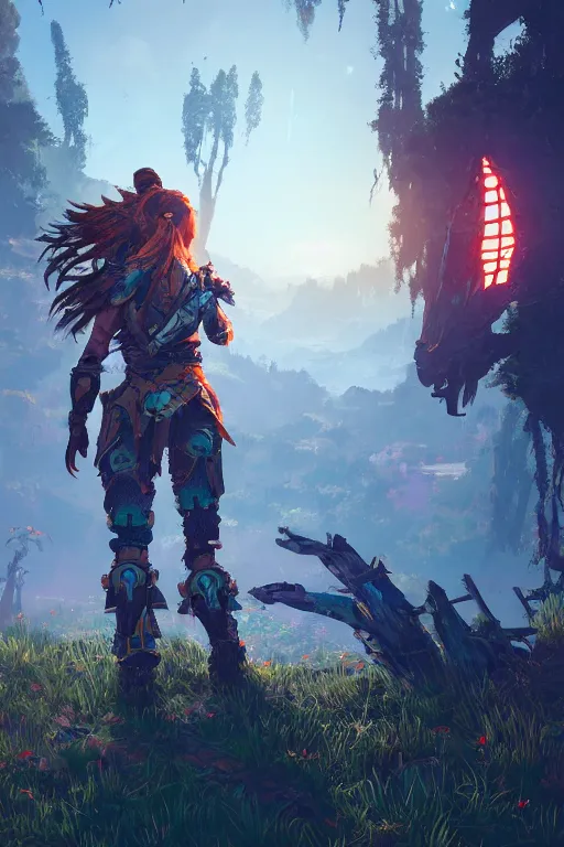 Image similar to combination suit armor aloy horizon forbidden west horizon zero dawn radiating a glowing aura global illumination ray tracing hdr fanart arstation by ian pesty and alena aenami artworks in 4 k tribal robot ninja mask helmet backpack