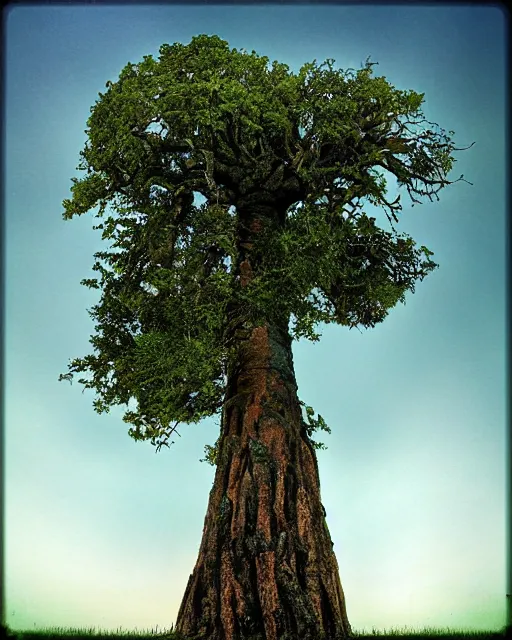 Prompt: a surreal yet plausible iphone photo of an ancient tall tree with multiple kinds of hybrid fruits and vegetables growing from it, SCP-777 the ultimate chimera tree of cornucopia, CGSociety, by James Gurney