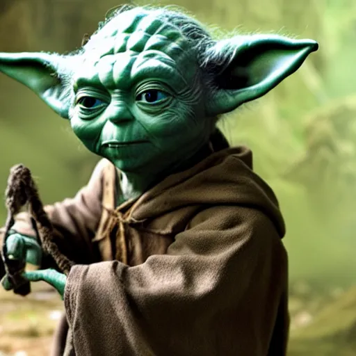 Image similar to Yoda on the set of Lord of the Rings, highly detailed, high quality, HD, 4k, 8k, Canon 300mm, professional photographer, 40mp, lifelike, top-rated, award winning, realistic, sharp, no blur, edited, corrected, trending