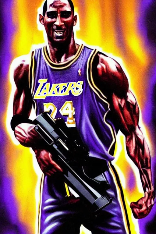 prompthunt: the terminator ( 1 9 8 4 ), 8 0's movie poster art, lakers kobe  bryant as a cyborg, terminator, fan art, digital art, vibrant, trending on  artstation