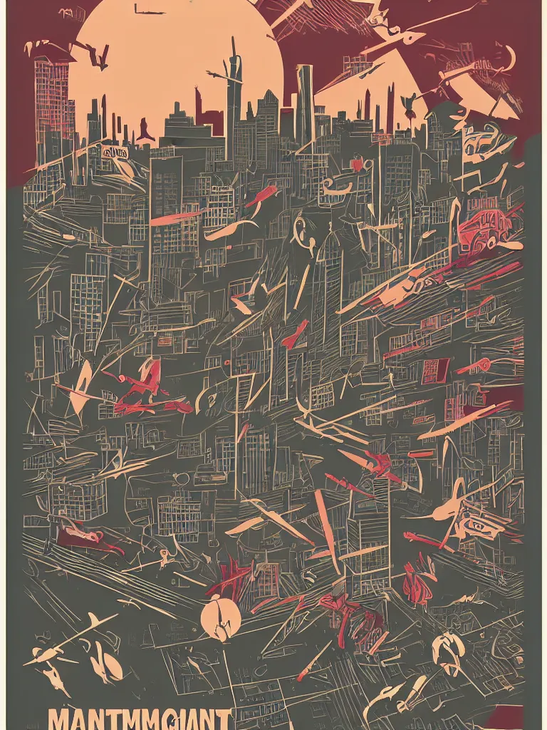 Image similar to tom haugomat style poster illustration of a large retro monster battle above the city, vintage muted colors, some grungy markings