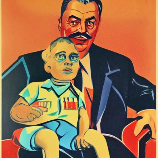 Image similar to hungarian prime minister viktor orban sitting in the lap of joseph stalin, soviet propaganda poster art from 1 9 5 0