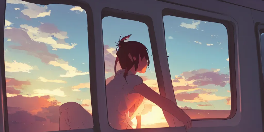 Image similar to Girl sitting in a window seat in a bus at sunset, cinematic lighting, style by Makoto Shinkai