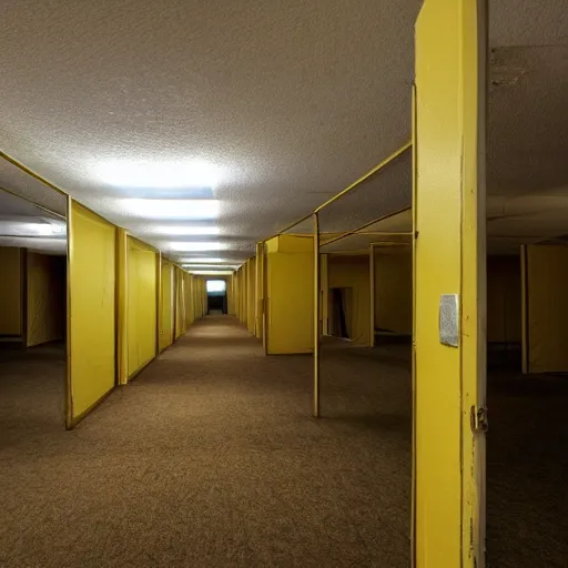 Image similar to Backrooms, old moist carpet, mono-yellow, fluorescent lights, randomly segmented rooms, creepy